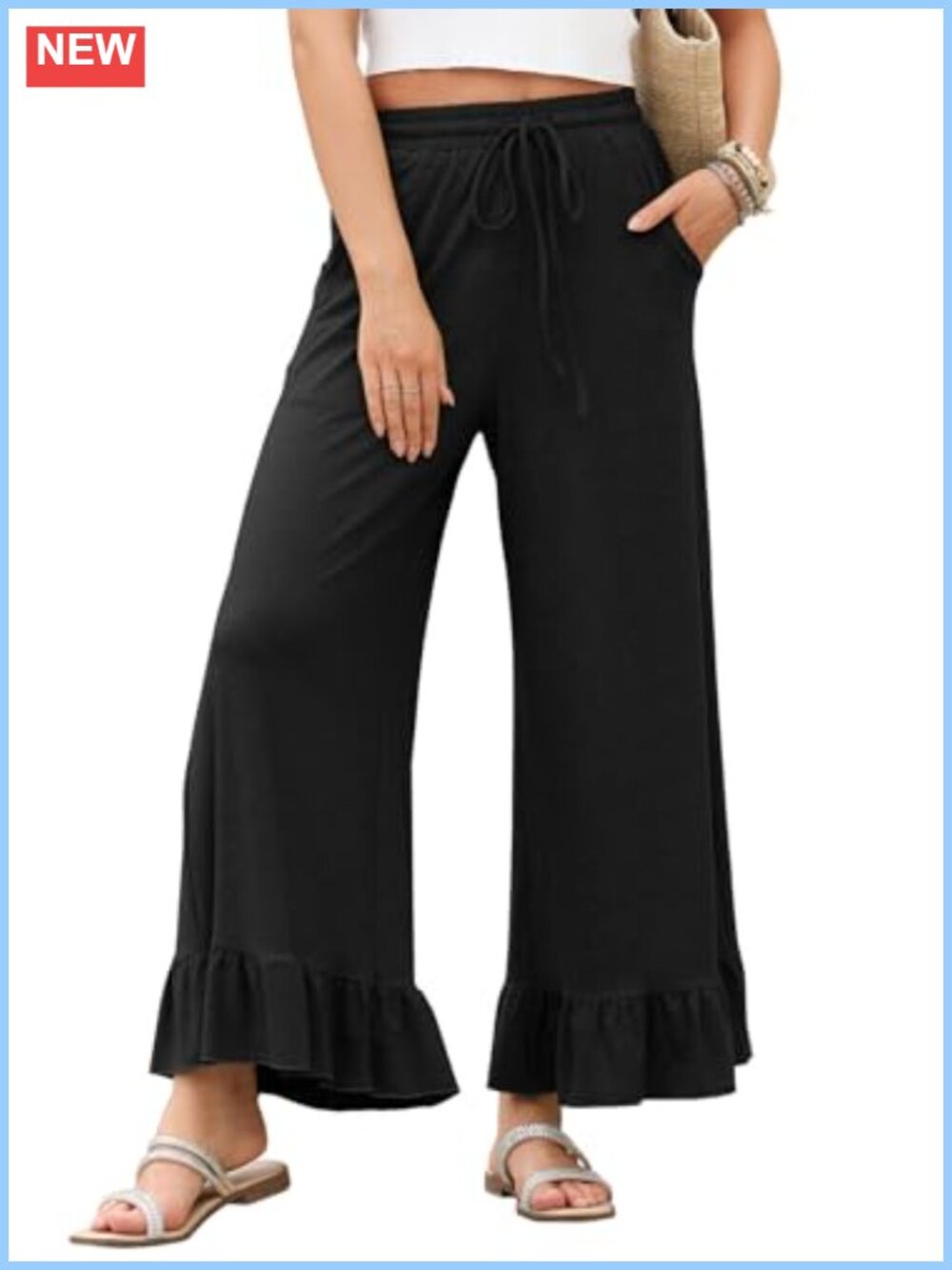 Wide Leg Palazzo Pants Ruffle Hem High Waisted Pockets